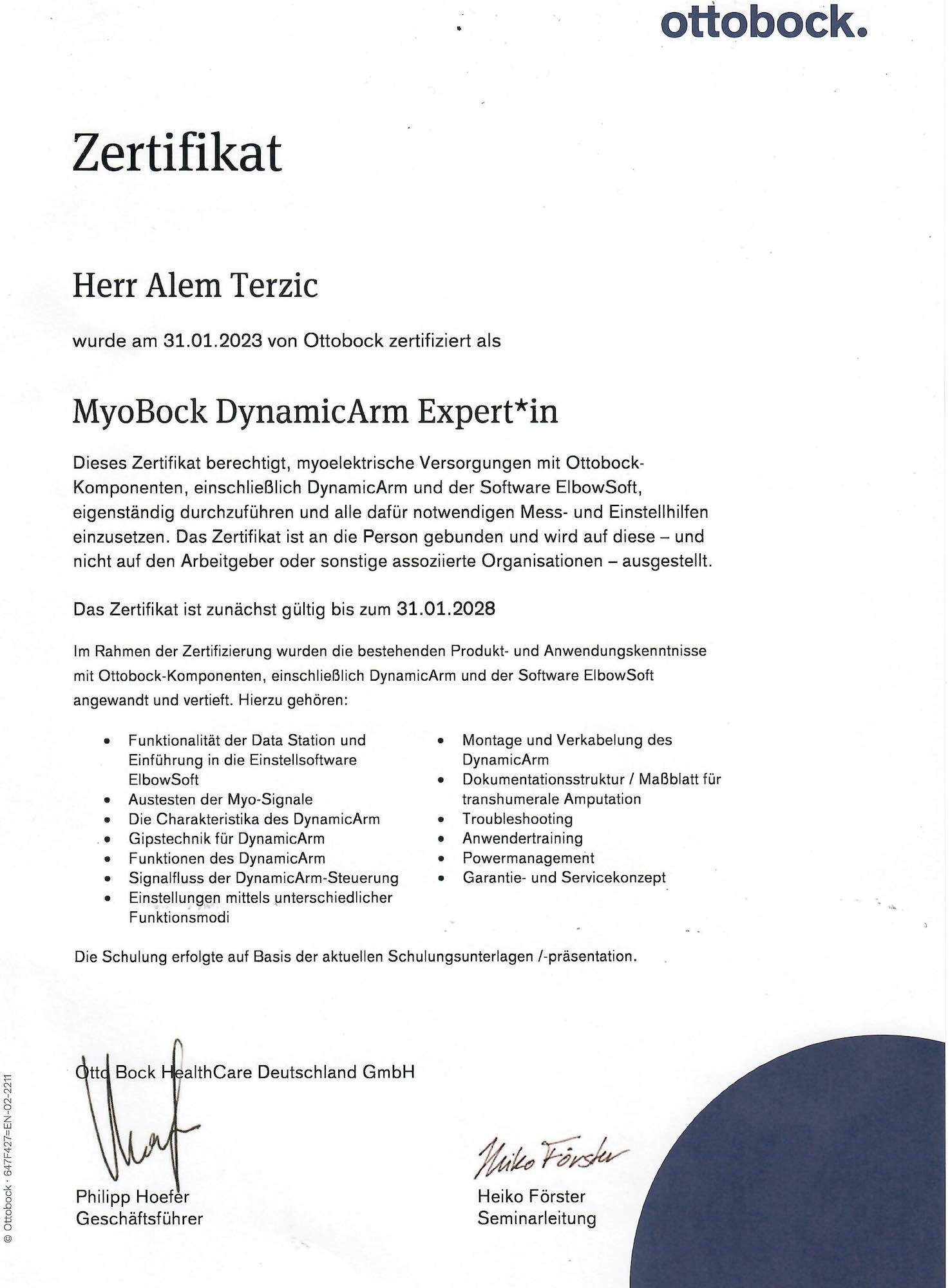 Zertifikat DynamicArm Terzic