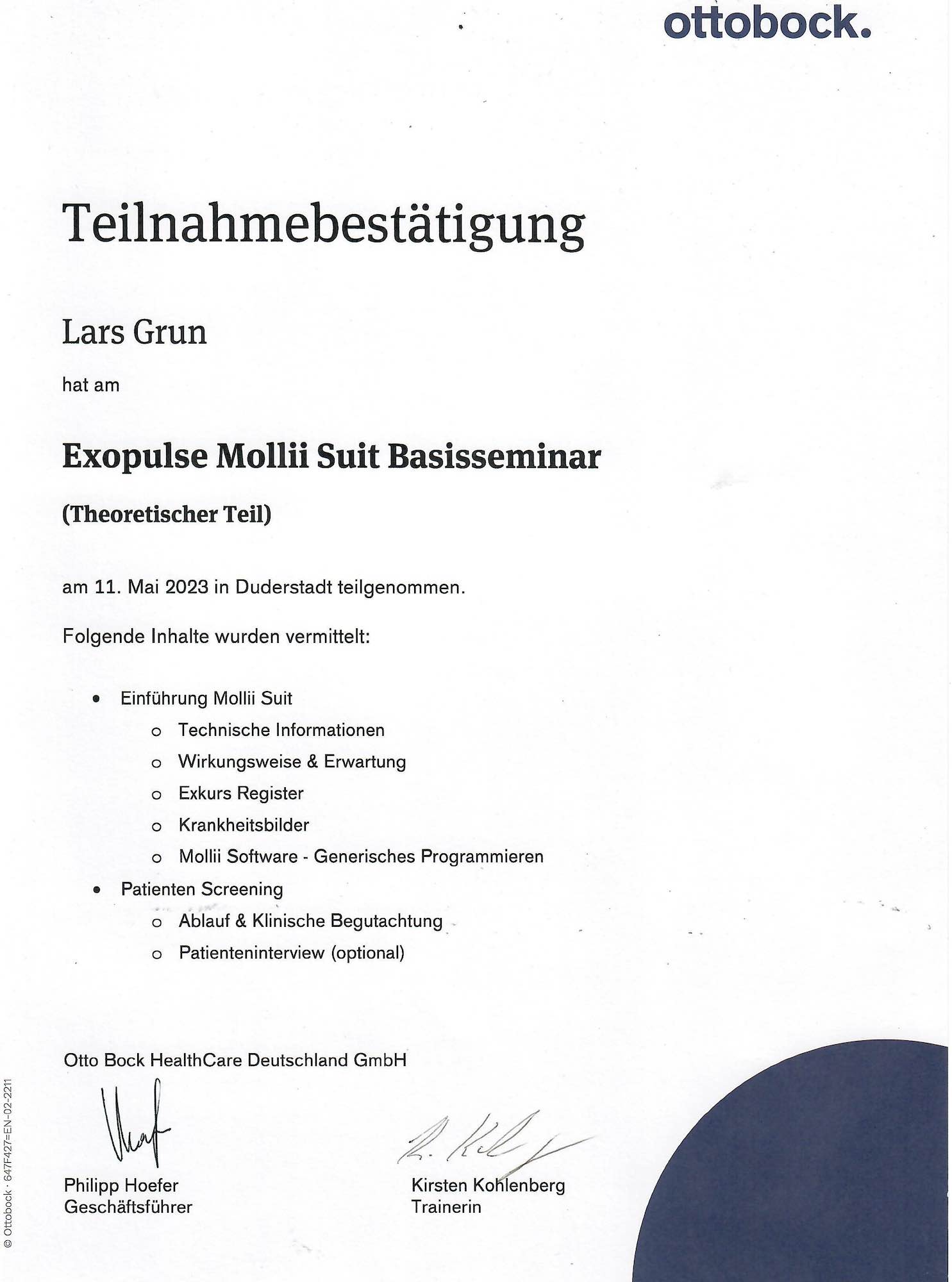 Zertifikat ExopulseMollii Grun