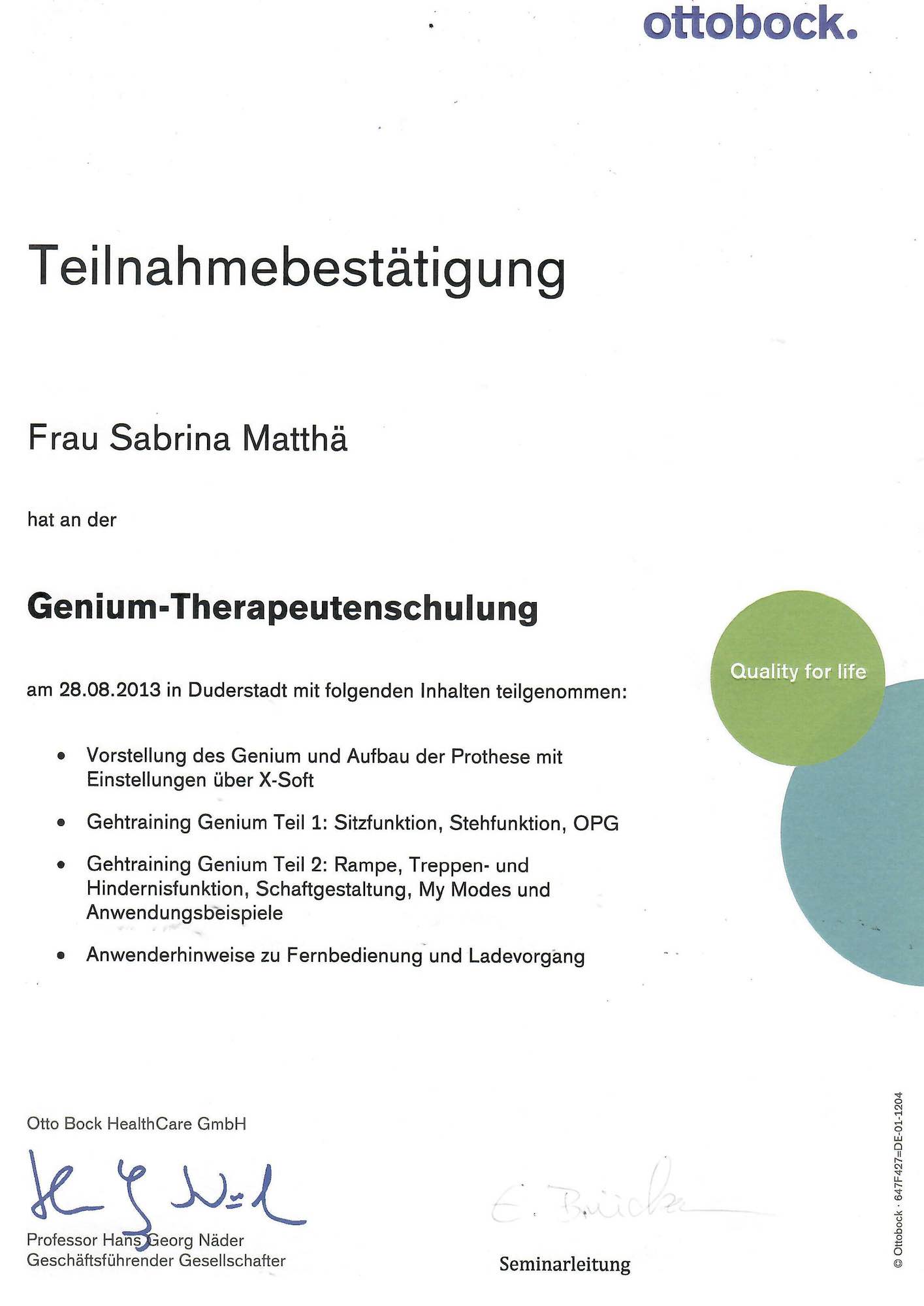 Zertifikat GeniumTherapeutenschulung Mattha