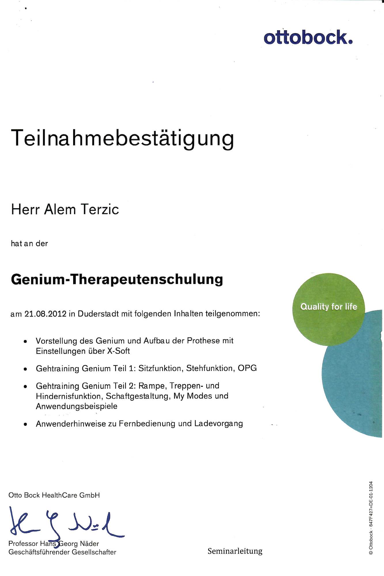 Zertifikat GeniumTherapeutenschulung Terzic