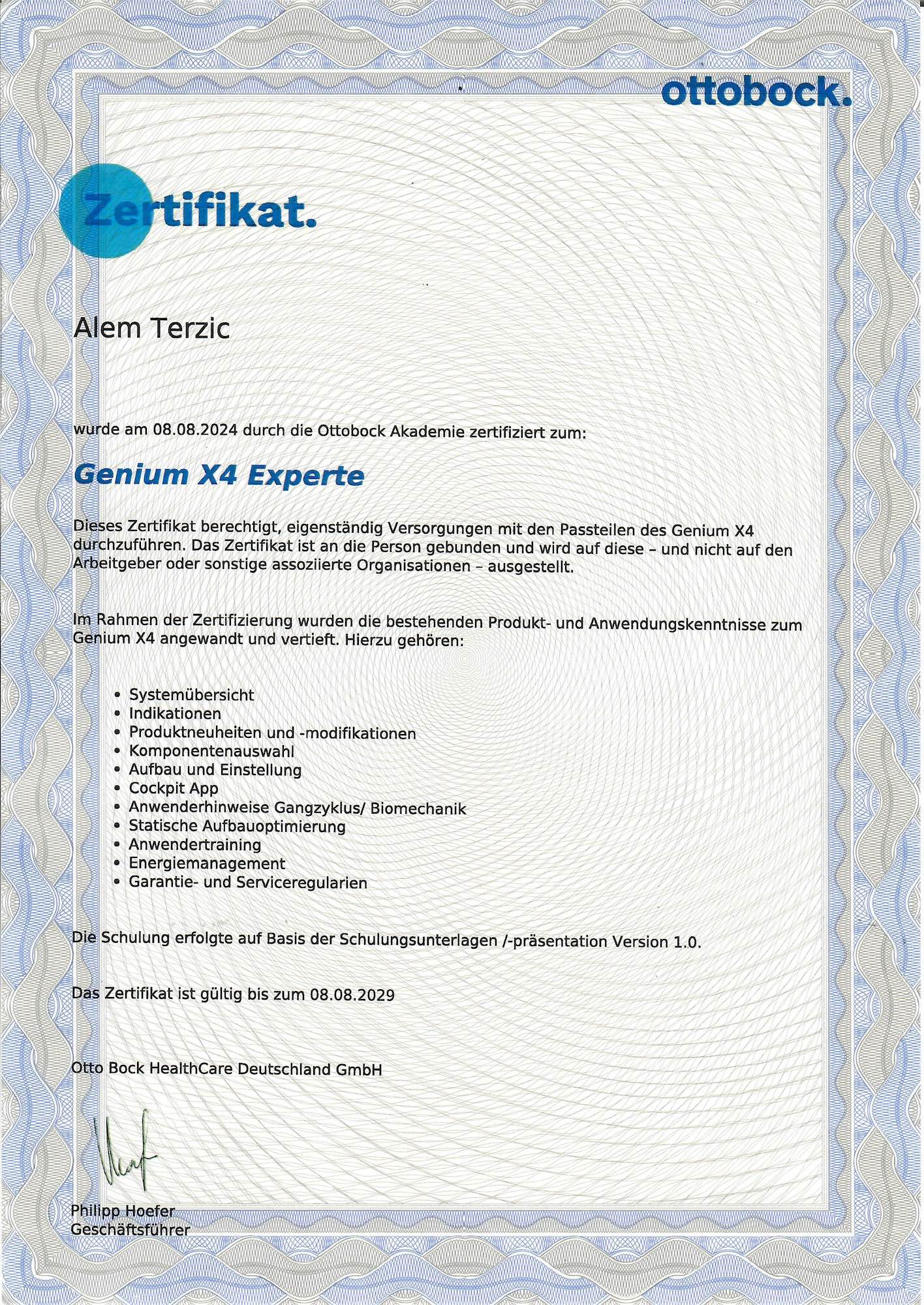 Zertifikat GeniumX4 Terzic