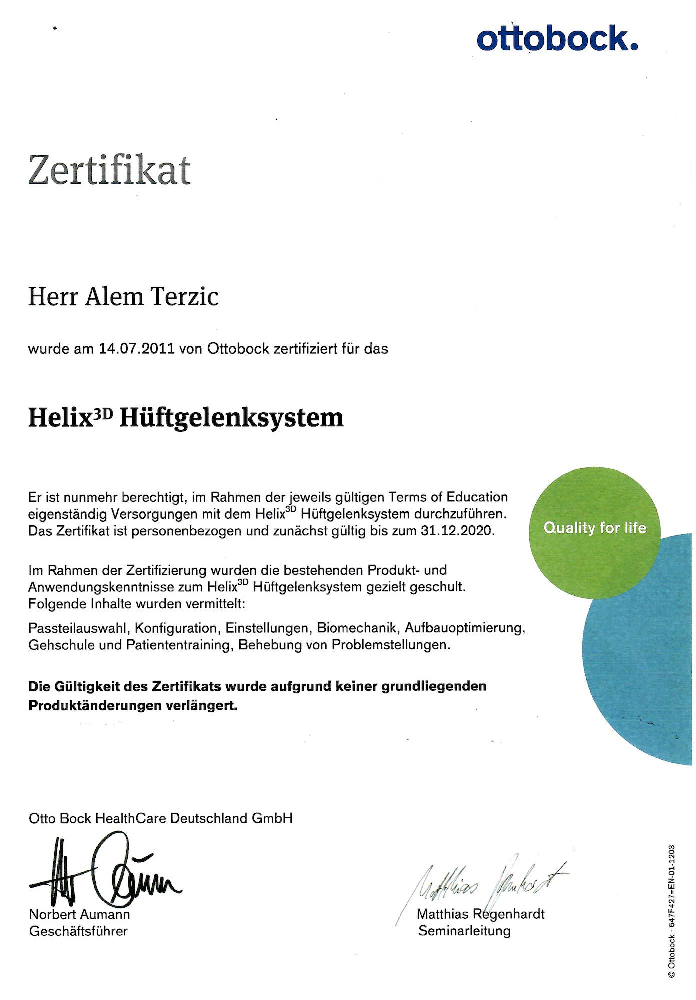 Zertifikat Helix3D Terzic