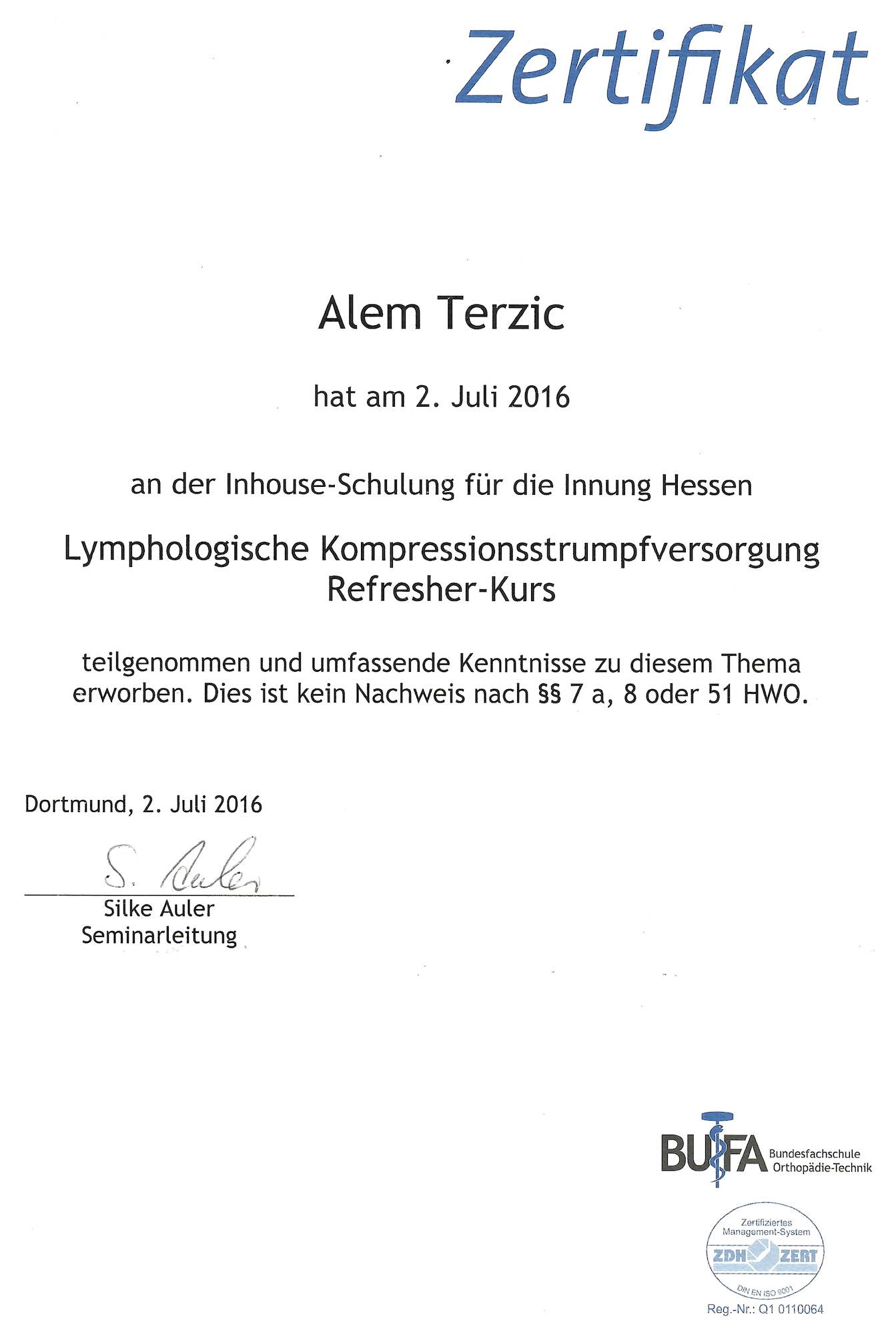 Zertifikat Kompressionsstrumpf Terzic