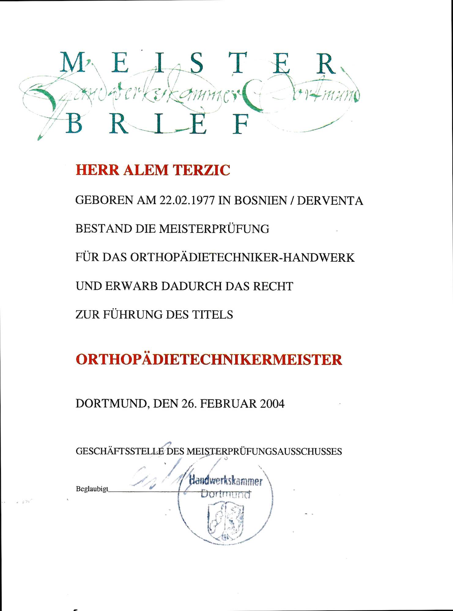 Zertifikat Meisterbrief Terzic
