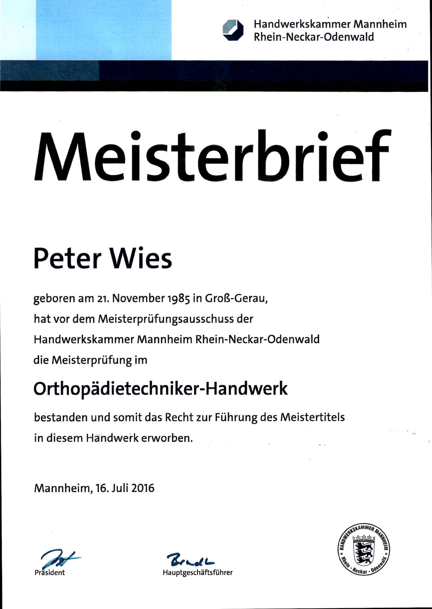 Zertifikat Meisterbrief Wies