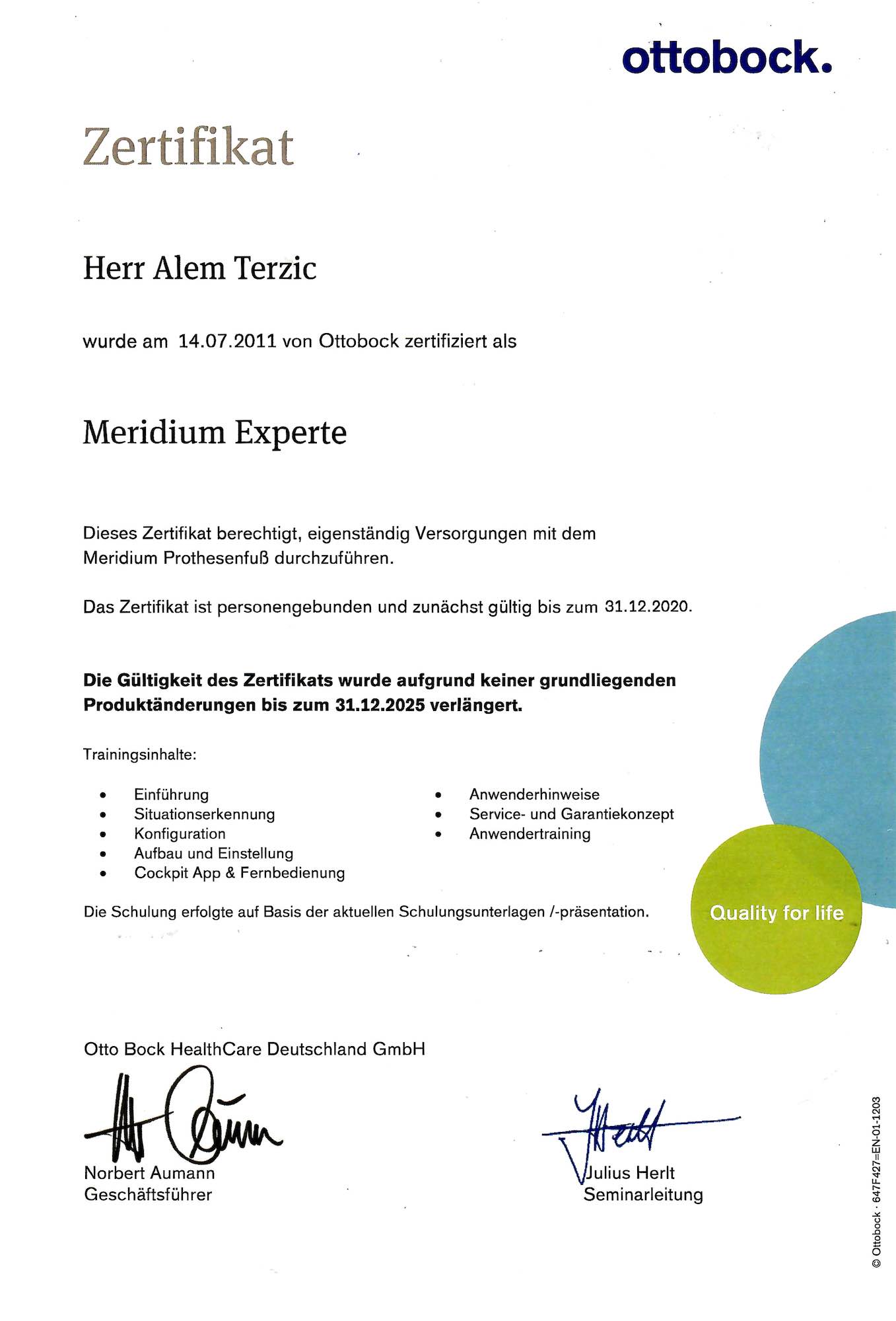 Zertifikat MeridiumExperte Terzic