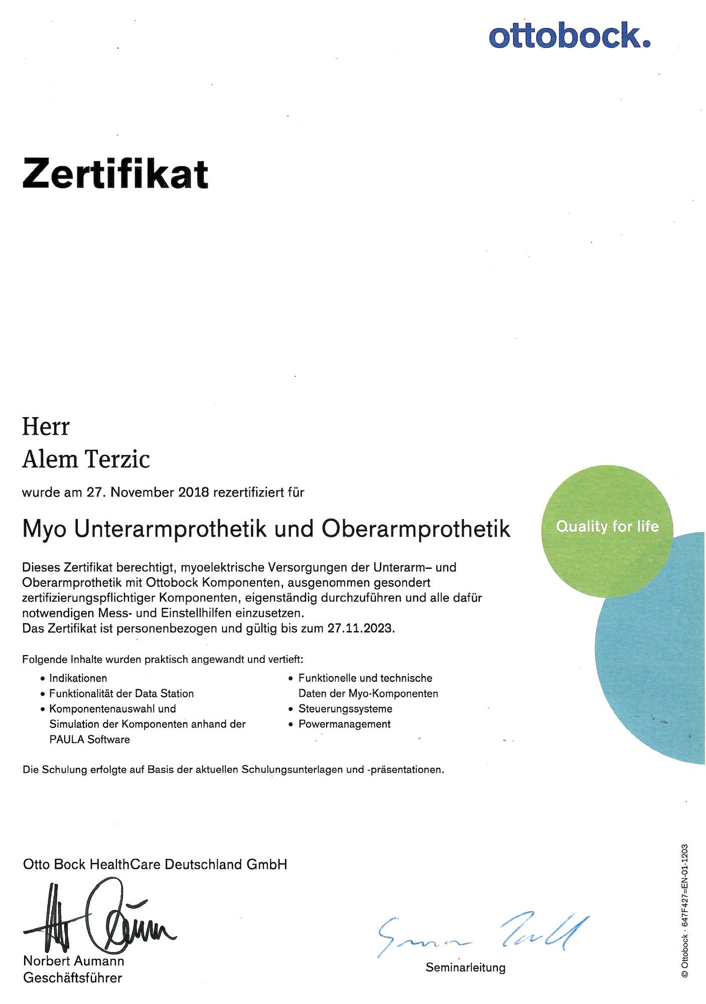 Zertifikat MyoArmprothetik Terzic