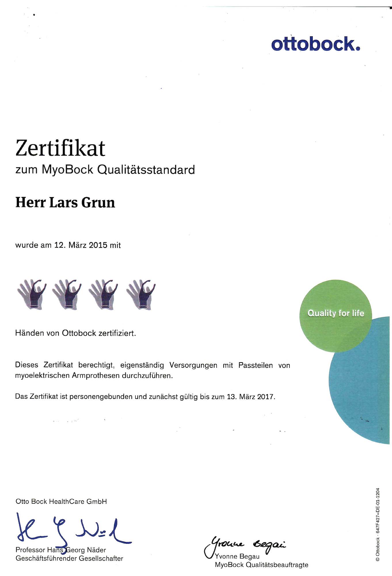 Zertifikat MyoBock Grun