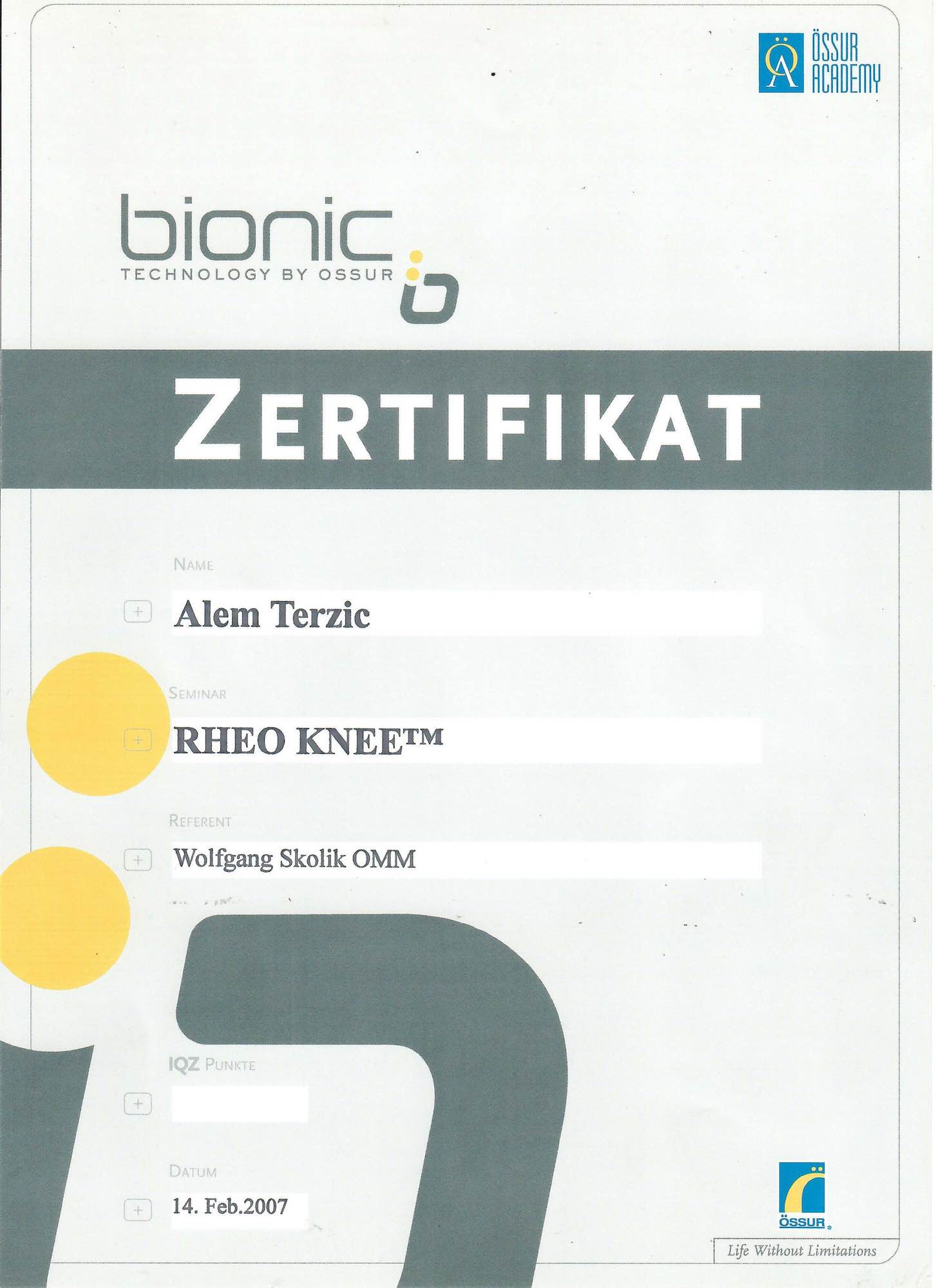 Zertifikat RheoKnee Terzic
