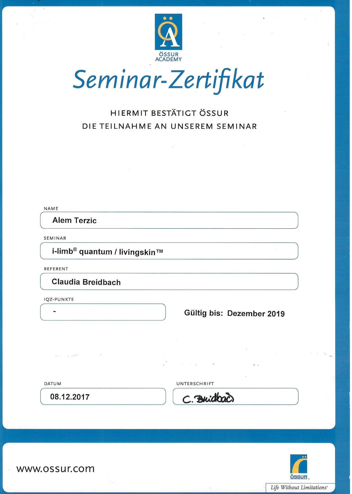 Zertifikat iLimbQuantum Terzic