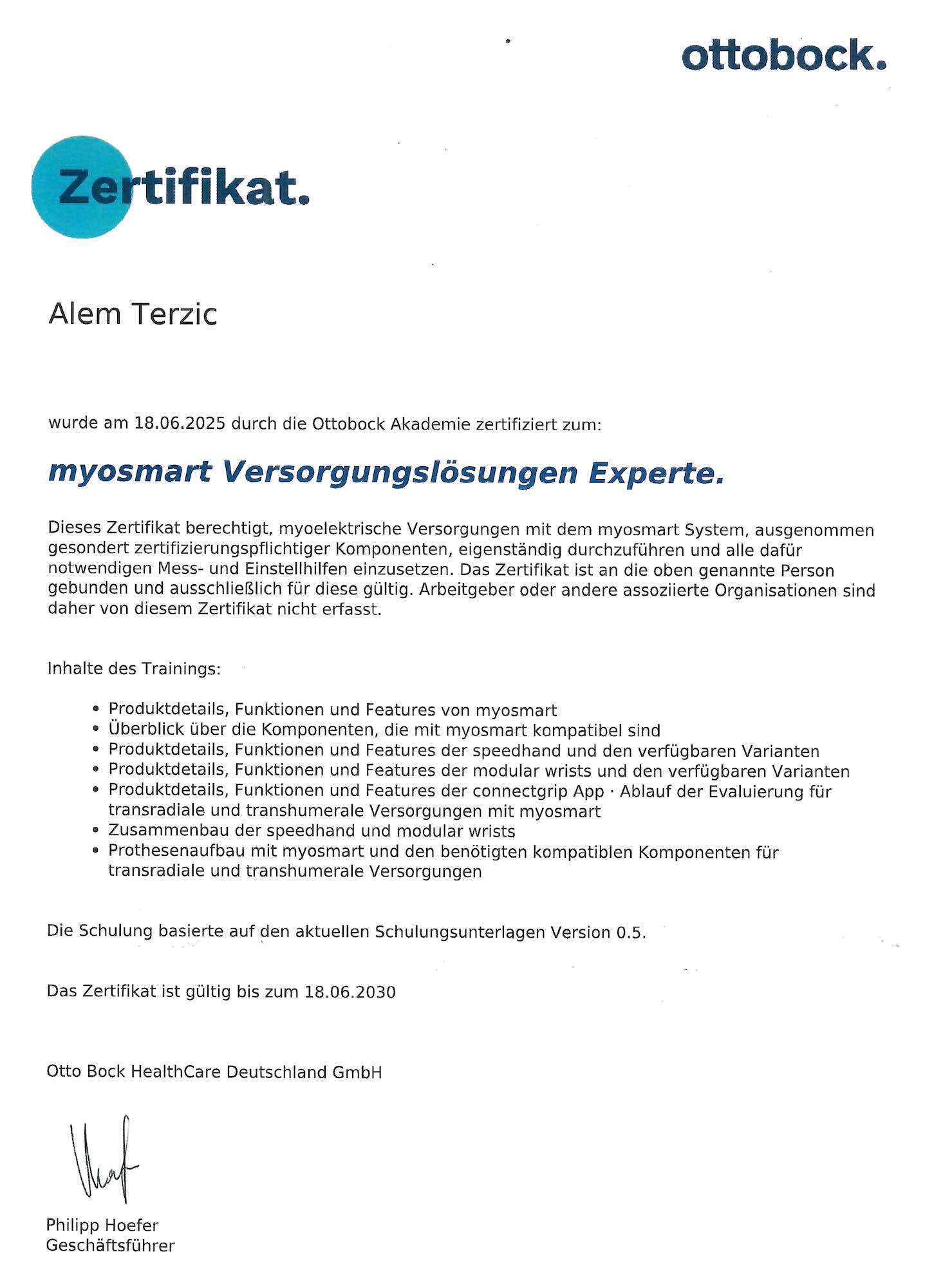 Zertifikat myosmart Terzic